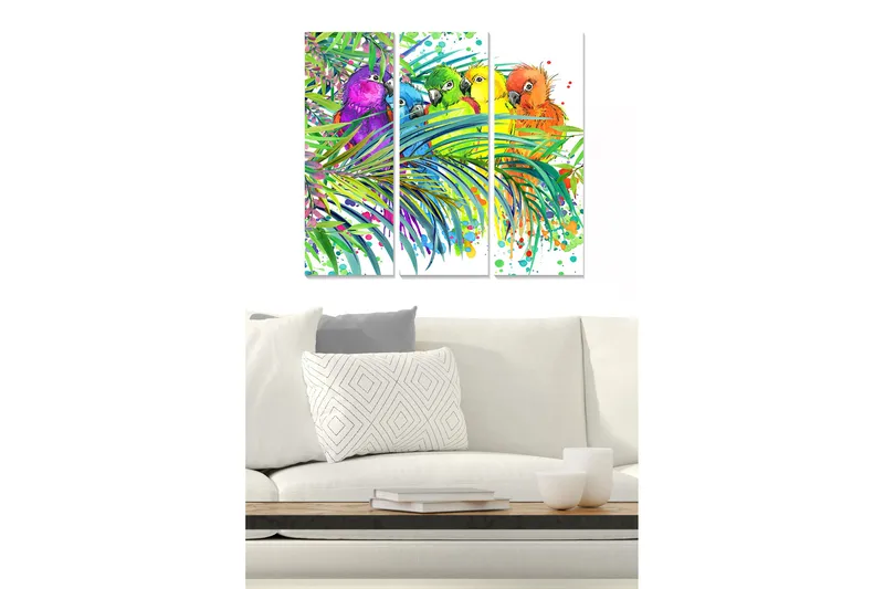 Canvastavla i trä 3-delar 50x70 cm - Färgglada papegojor bland tropiska växter, Grön / Lila / Orange