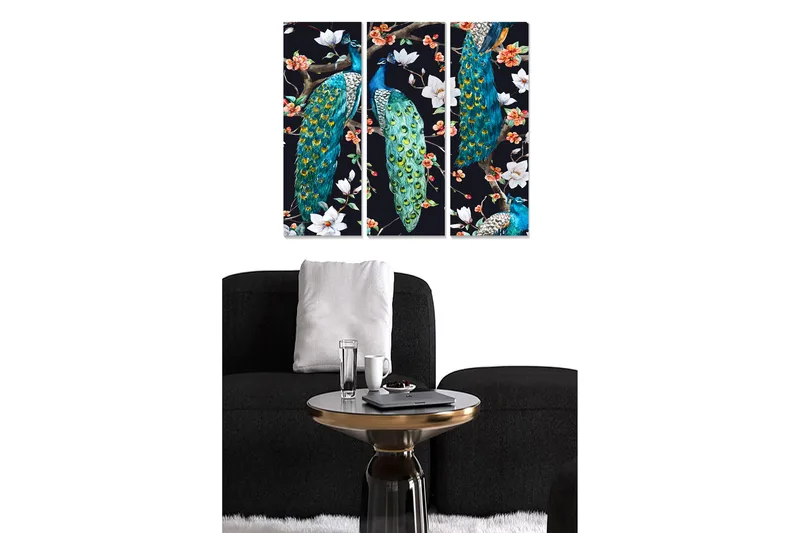 Canvastavla i trä 3-delar 50x70 cm - Färgglada påfåglar bland blommor - Turkos / Grön / Vit - Inredning - Tavlor & konst - Canvastavlor