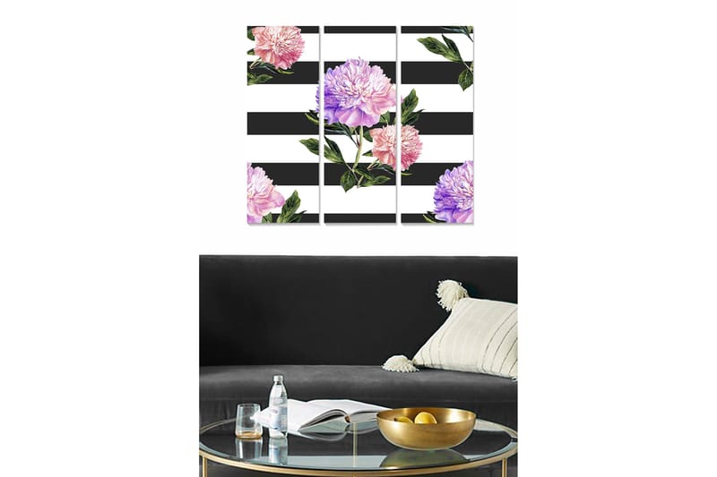 Canvastavla i trä 3-delar 50x70 cm - Färgglada pioner mot en randig bakgrund, Rosa / Lila / Grön