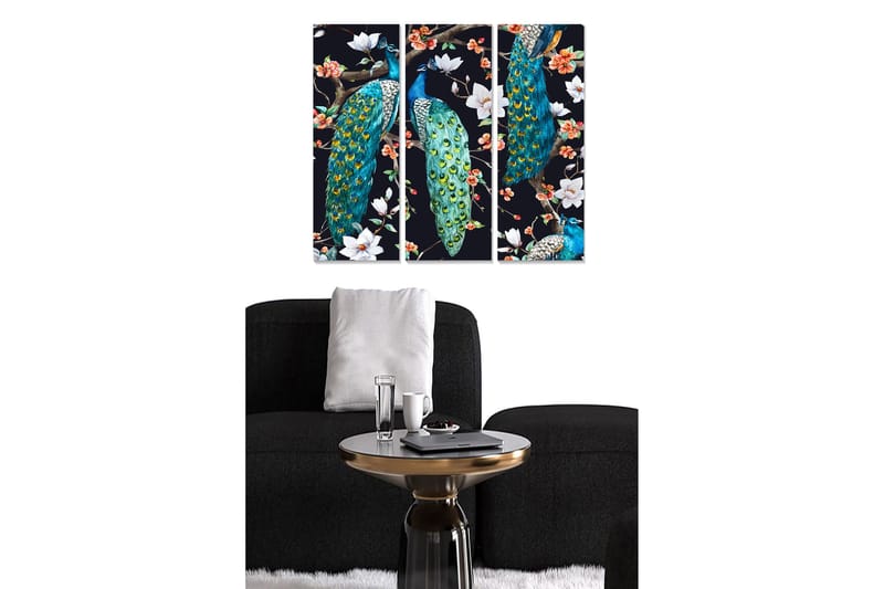 Canvastavla i trä 3-delar 50x70 cm - Färgglada påfåglar bland blommor - Turkos / Grön / Vit - Inredning - Tavlor & konst - Canvastavlor