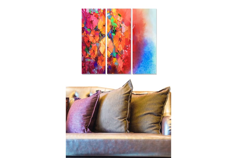 Canvastavla i trä 3-delar 50x70 cm - Färgrik abstrakt komposition med blommor och geometriska former - Röd / Orange / Blå - Inredning - Tavlor & konst - Canvastavlor