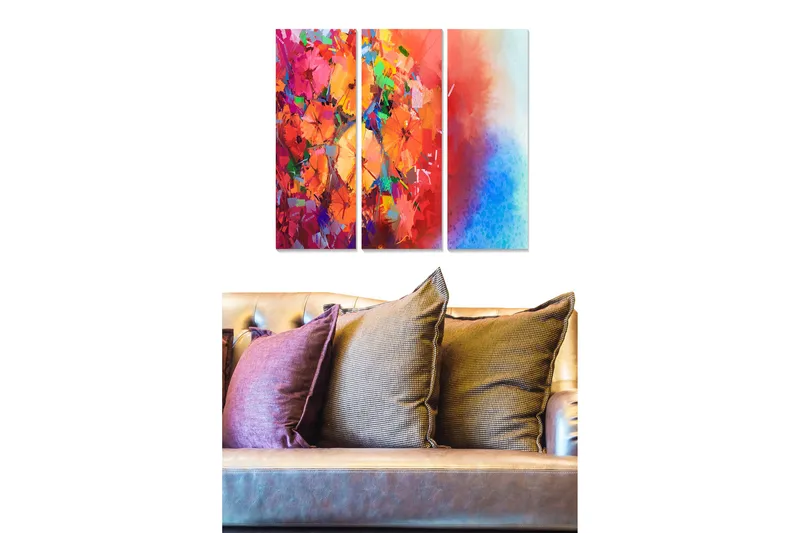 Canvastavla i trä 3-delar 50x70 cm - Färgrik abstrakt komposition med blommor och geometriska former - Röd / Orange / Blå - Inredning - Tavlor & konst - Canvastavlor