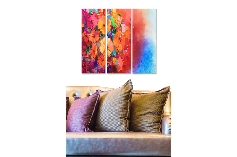 Canvastavla i trä 3-delar 50x70 cm - Färgrik abstrakt komposition med blommor och geometriska former - Röd / Orange / Blå - Inredning - Tavlor & konst - Canvastavlor