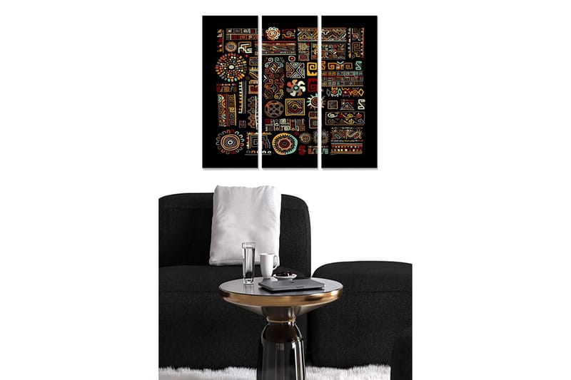 Canvastavla i trä 3-delar 50x70 cm - Färgrik abstrakt komposition med geometriska mönster och symboler - Röd / Gul / Blå - Inredning - Tavlor & konst - Canvastavlor