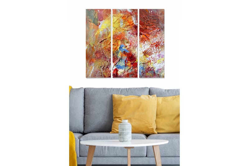Canvastavla i trä 3-delar 50x70 cm - Färgrik abstrakt komposition med inslag av röd och blå färg, Röd / Gul / Blå
