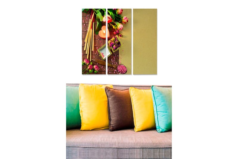 Canvastavla i trä 3-delar 50x70 cm - Färgrik arrangemang av blommor och ljus på en bambumatta, Rosa / Grön / Beige