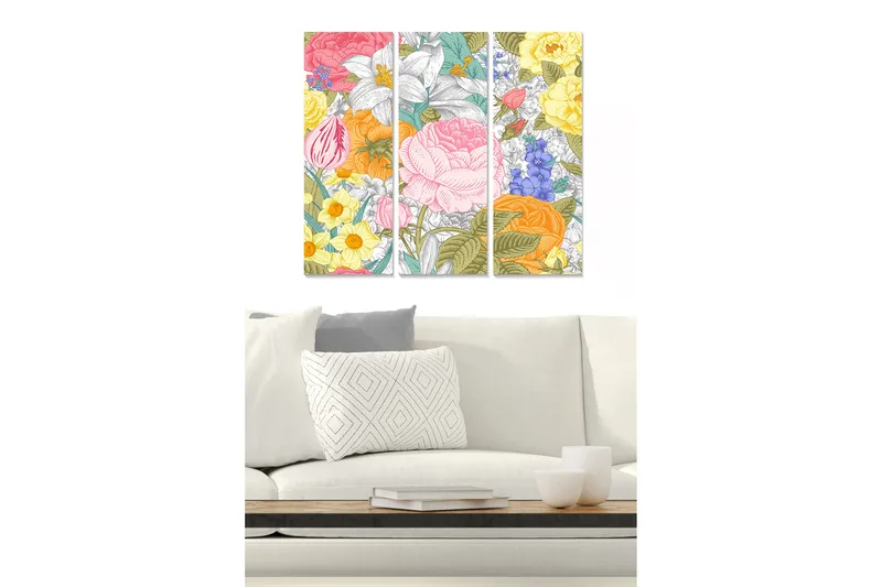 Canvastavla i trä 3-delar 50x70 cm - Färgrik blomsterkomposition med olika blommor och bladverk, Rosa / Gult / Orange