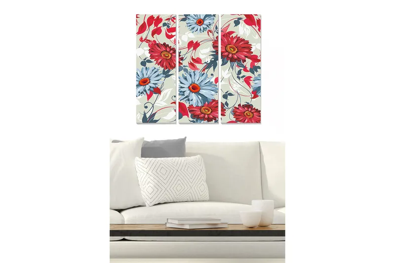 Canvastavla i trä 3-delar 50x70 cm - Färgrik blomsterkomposition med röda och blå blommor, Röd / Blå / Grön