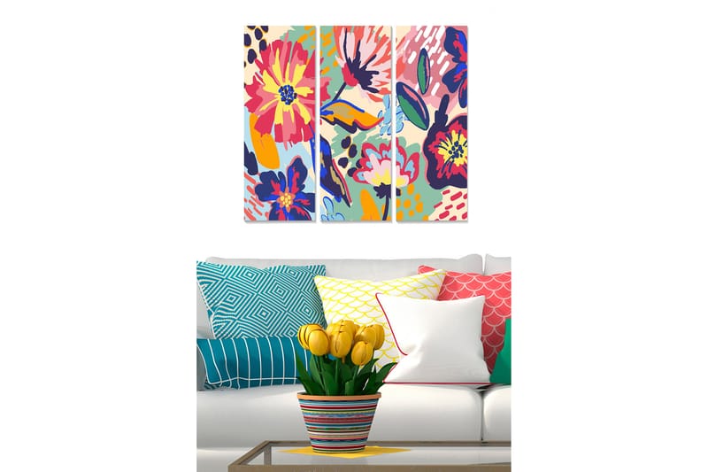 Canvastavla i trä 3-delar 50x70 cm - Färgrik blomsterkomposition med stora blommor och bladverk, Rosa / Blå / Gul