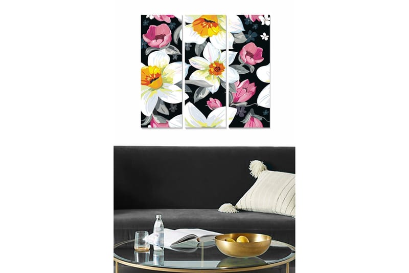 Canvastavla i trä 3-delar 50x70 cm - Färgrik blomsterkomposition med vita och rosa blommor, Vit / Rosa / Gul
