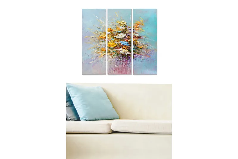 Canvastavla i trä 3-delar 50x70 cm - Färgrik bukett av blommor i abstrakt stil, Gult / Blått / Turkost
