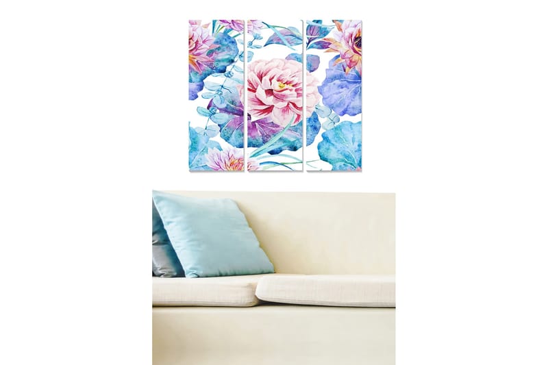 Canvastavla i trä 3-delar 50x70 cm - Färgrik bukett av blommor i akvarellstil, Ljusrosa / Blå / Grön