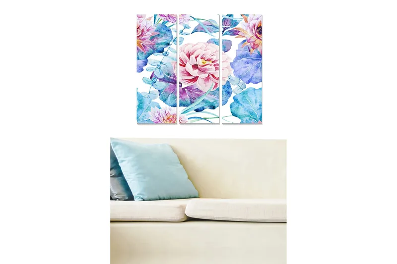 Canvastavla i trä 3-delar 50x70 cm - Färgrik bukett av blommor i akvarellstil - Ljusrosa / Blå / Grön - Inredning - Tavlor & konst - Canvastavlor