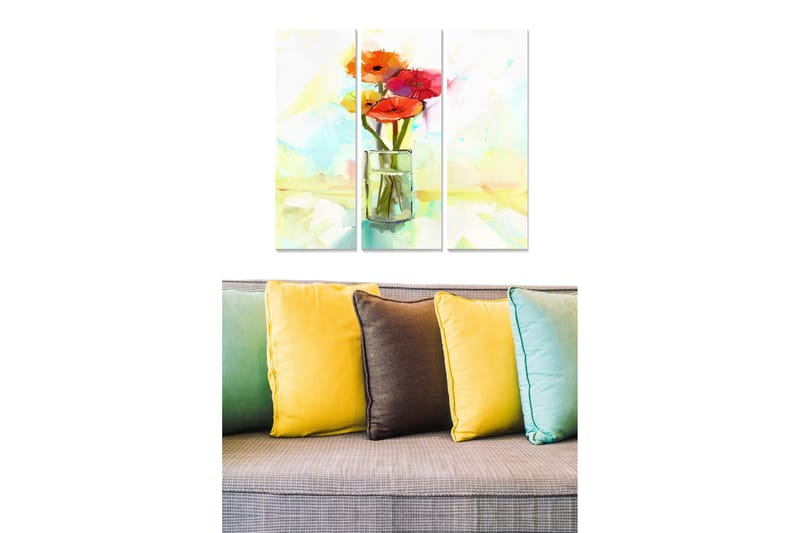 Canvastavla i trä 3-delar 50x70 cm - Färgrik bukett av blommor i en glasvas, Röd / Orange / Grön