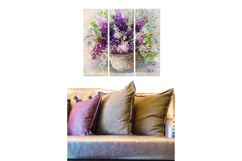 Canvastavla i trä 3-delar 50x70 cm - Färgrik bukett av blommor i en korg, Lila / Grön / Vit