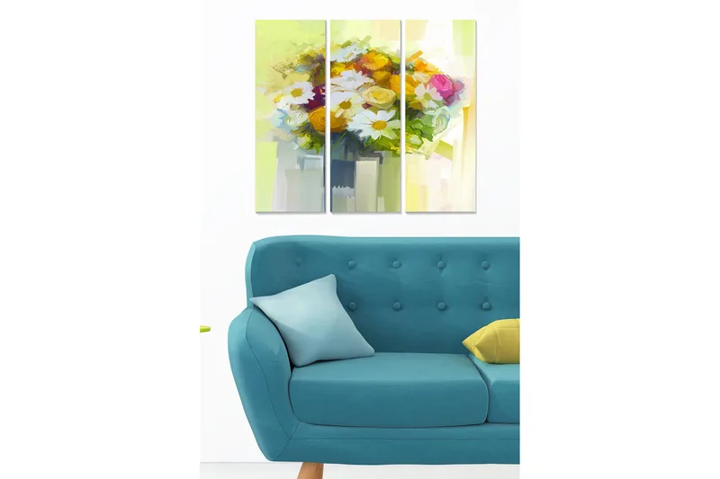 Canvastavla i trä 3-delar 50x70 cm - Färgrik bukett av blommor i en vas, Gult / Grönt / Vitt