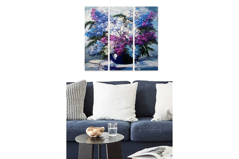 Canvastavla i trä 3-delar 50x70 cm - Färgrik bukett av blommor i en vas - Lila / Blå / Grön - Inredning - Tavlor & konst - Canvastavlor