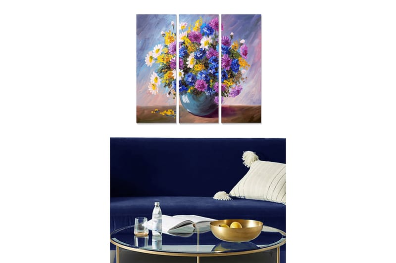 Canvastavla i trä 3-delar 50x70 cm - Färgrik bukett av blommor i en vas, Lila / Gult / Vitt