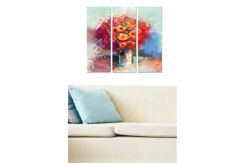 Canvastavla i trä 3-delar 50x70 cm - Färgrik bukett av blommor i en vas, Orange / Lila / Grön