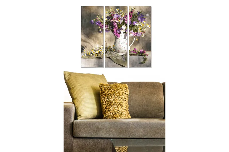 Canvastavla i trä 3-delar 50x70 cm - Färgrik bukett av blommor i en vit kanna - Lila / Vit / Grön - Inredning - Tavlor & konst - Canvastavlor