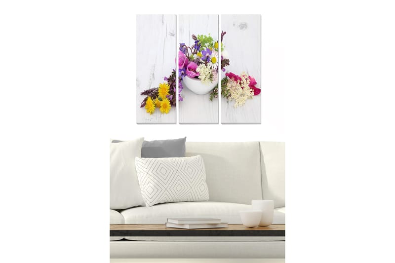 Canvastavla i trä 3-delar 50x70 cm - Färgrik bukett av blommor i en vit skål, Gult / Lila / Rosa