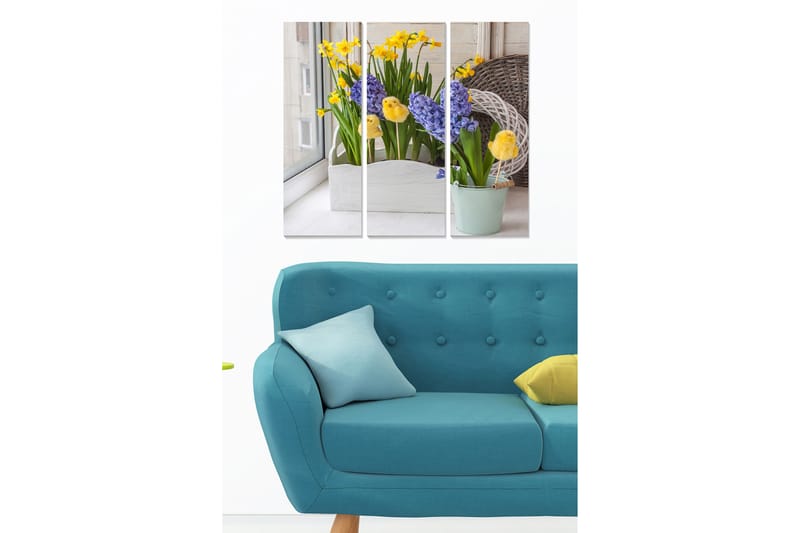 Canvastavla i trä 3-delar 50x70 cm - Färgrik bukett av blommor i krukor, Gul / Lila / Grön