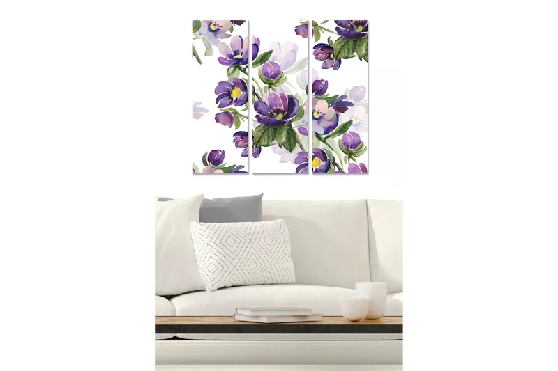 Canvastavla i trä 3-delar 50x70 cm - Färgrik bukett av blommor i lila och grönt - Lila / Grön - Inredning - Tavlor & konst - Canvastavlor