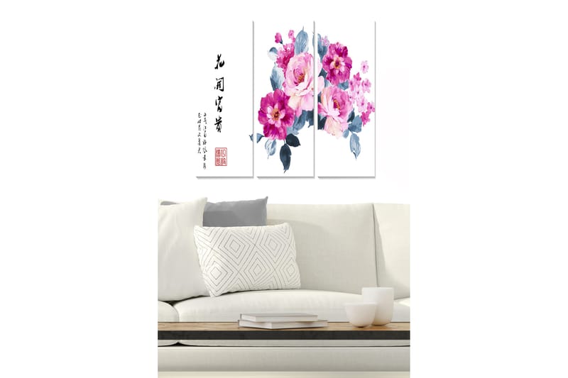 Canvastavla i trä 3-delar 50x70 cm - Färgrik bukett av blommor i rosa och lila nyanser - Rosa / Lila / Grå - Inredning - Tavlor & konst - Canvastavlor