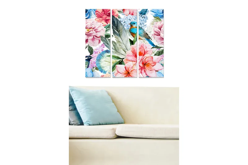 Canvastavla i trä 3-delar 50x70 cm - Färgrik bukett av blommor med en fågel i fokus, Rosa / Blå / Grön