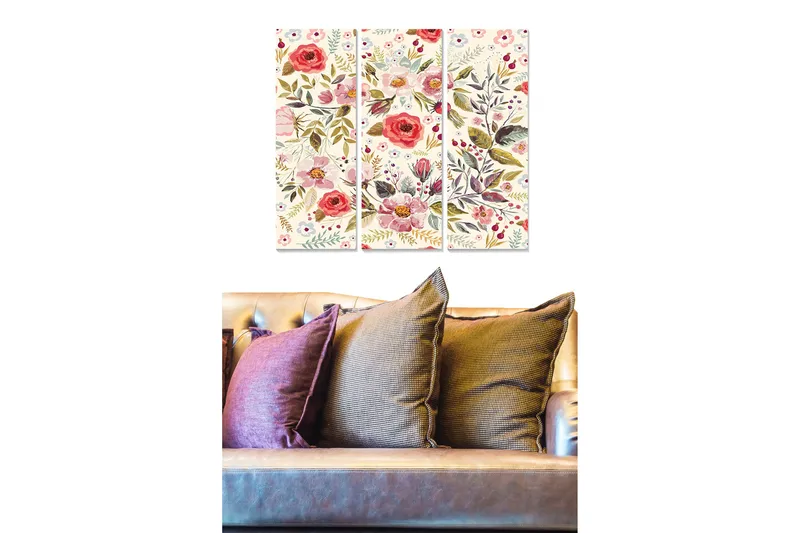 Canvastavla i trä 3-delar 50x70 cm - Färgrik bukett av blommor med olika växtmotiv, Röd / Grön / Rosa