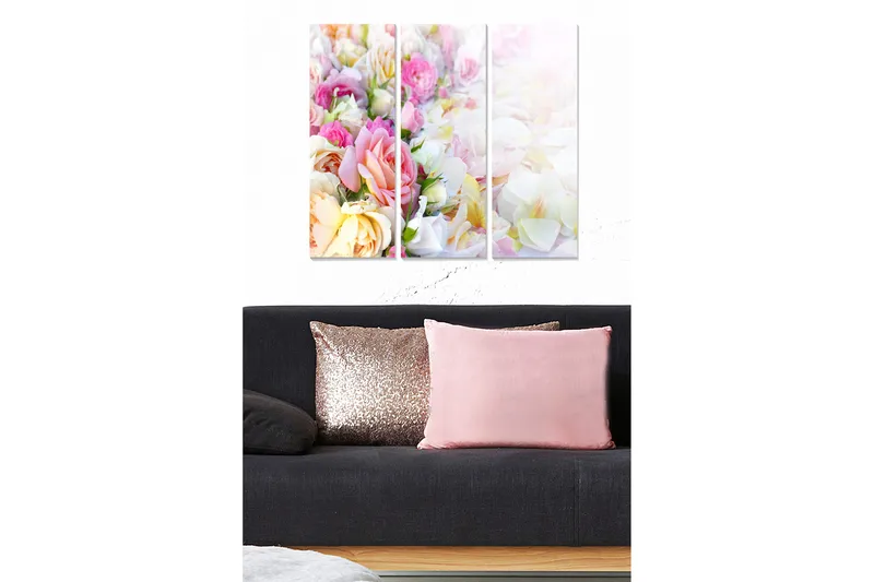 Canvastavla i trä 3-delar 50x70 cm - Färgrik bukett av blommor - Rosa / Gul / Vit - Inredning - Tavlor & konst - Canvastavlor