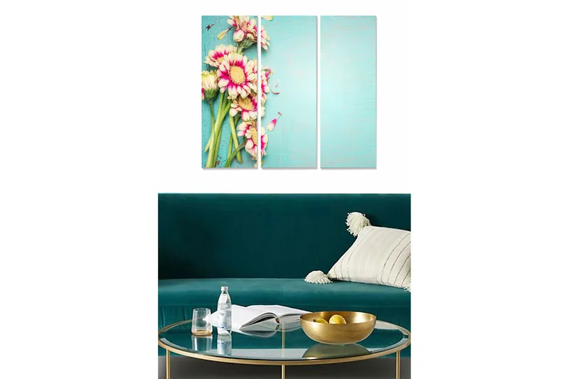 Canvastavla i trä 3-delar 50x70 cm - Färgrik bukett av blommor på en ljusblå bakgrund, Rosa / Grön / Ljusblå