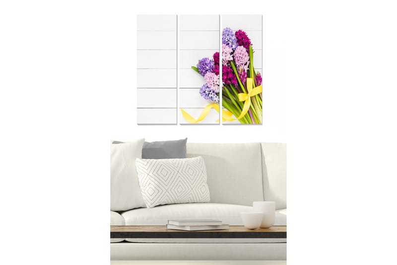 Canvastavla i trä 3-delar 50x70 cm - Färgrik bukett av hyacinter med ett gult band, Lila / Rosa / Grön