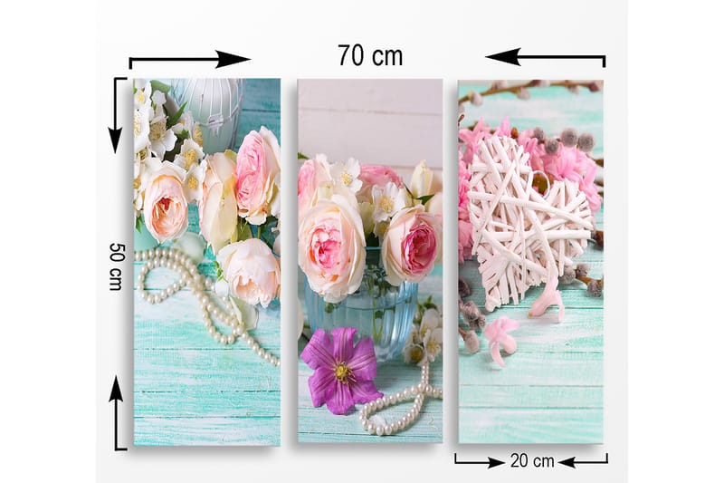 Canvastavla i trä 3-delar 50x70 cm - Färgrik bukett av rosor och blommor i en glasvas - Rosa / Grön / Vit - Inredning - Tavlor & konst - Canvastavlor