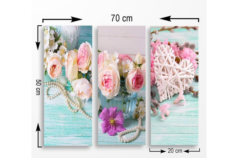 Canvastavla i trä 3-delar 50x70 cm - Färgrik bukett av rosor och blommor i en glasvas - Rosa / Grön / Vit - Inredning - Tavlor & konst - Canvastavlor