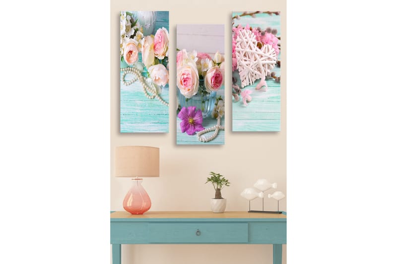 Canvastavla i trä 3-delar 50x70 cm - Färgrik bukett av rosor och blommor i en glasvas, Rosa / Grön / Vit