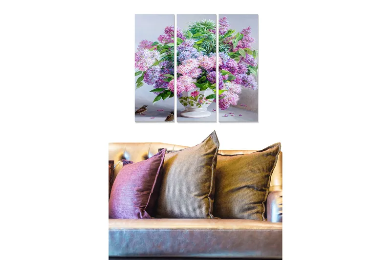 Canvastavla i trä 3-delar 50x70 cm - Färgrik bukett av syrenblommor i en vacker vas - Lila / Grön / Vit - Inredning - Tavlor & konst - Canvastavlor