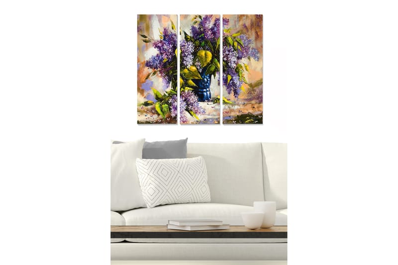 Canvastavla i trä 3-delar 50x70 cm - Färgrik bukett av syrener i en blå vas, Lila / Grön / Blå
