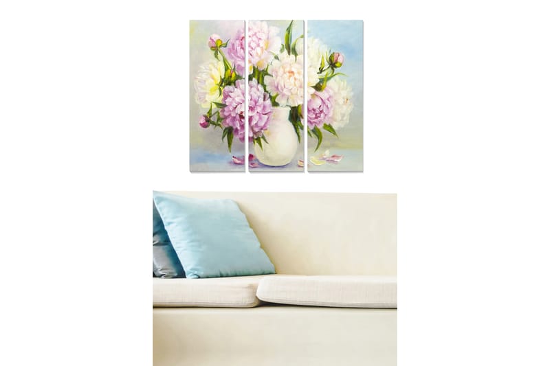 Canvastavla i trä 3-delar 50x70 cm - Färgrik bukett av pioner i en vas - Ljusrosa / Vit / Grön - Inredning - Tavlor & konst - Canvastavlor