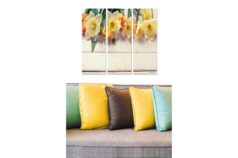 Canvastavla i trä 3-delar 50x70 cm - Färgrik bukett av påskliljor och tulpaner - Gul / Orange / Grön - Inredning - Tavlor & konst - Canvastavlor