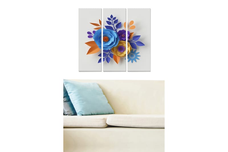 Canvastavla i trä 3-delar 50x70 cm - Färgrik bukett av pappersblommor, Blå / Orange / Lila
