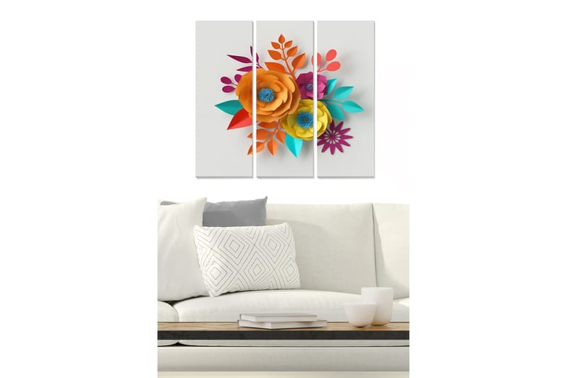 Canvastavla i trä 3-delar 50x70 cm - Färgrik bukett av pappersblommor - Orange / Turkos / Lila - Inredning - Tavlor & konst - Canvastavlor
