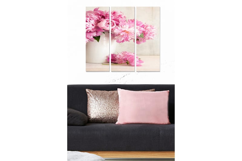Canvastavla i trä 3-delar 50x70 cm - Färgrik bukett av pioner i en vit kruka, Rosa / Grön / Vit