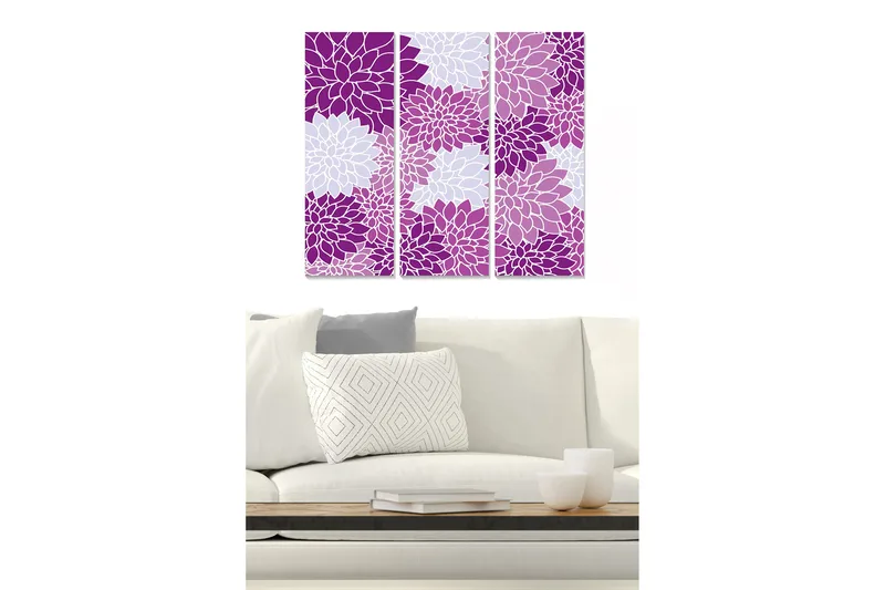Canvastavla i trä 3-delar 50x70 cm - Färgrik komposition av blommor i lila toner - Lila / Vit - Inredning - Tavlor & konst - Canvastavlor