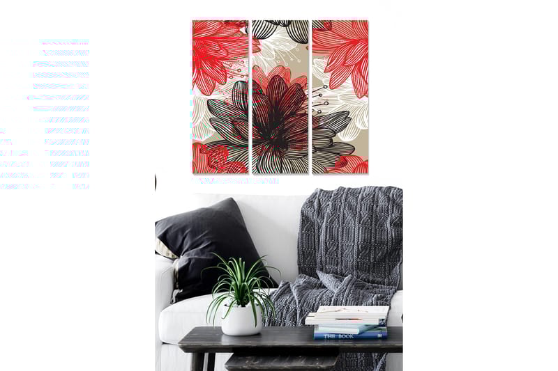 Canvastavla i trä 3-delar 50x70 cm - Färgrik komposition av blommor i olika nyanser, Röd / Svart / Beige