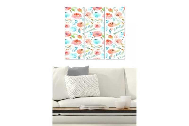 Canvastavla i trä 3-delar 50x70 cm - Färgrik komposition av blommor och blad, Rosa / Blå / Grön