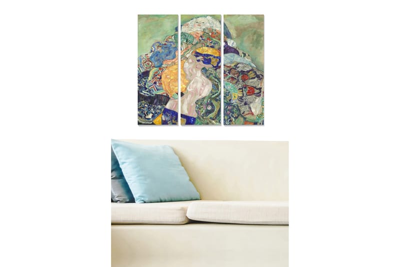 Canvastavla i trä 3-delar 50x70 cm - Färgrik komposition med en naken kvinna omgiven av mönstrade element, Grön / Blå / Orange