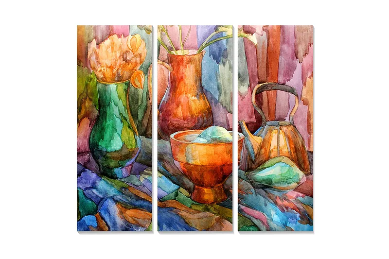 Canvastavla i trä 3-delar 50x70 cm - Färgrik stilleben med blommor och keramikföremål, Grön / Orange / Blå