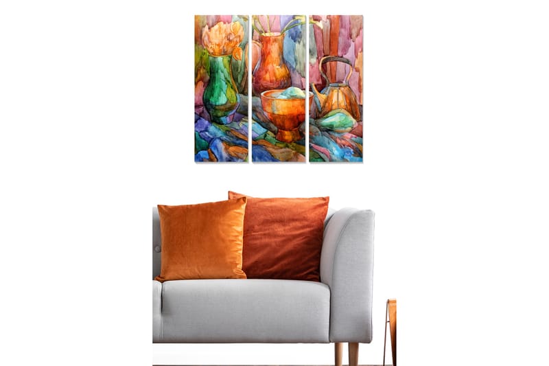 Canvastavla i trä 3-delar 50x70 cm - Färgrik stilleben med blommor och keramikföremål - Grön / Orange / Blå - Inredning - Tavlor & konst - Canvastavlor