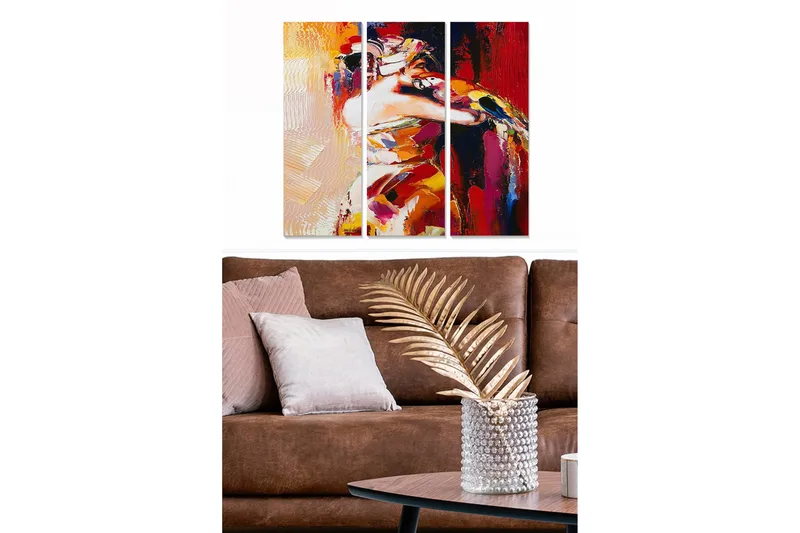 Canvastavla i trä 3-delar 50x70 cm - Färgstark abstrakt komposition av en kvinna som dansar, Röd / Gul / Orange